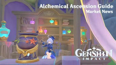 alchemical ascension market news, alchemical ascension event, alchemical ascension guide, alchemical ascension, genshin impact, an in-game screenshot of Furina behind a couldron with the words alchemical ascensiuon guide market news in one corner and the genshin impact logo in another