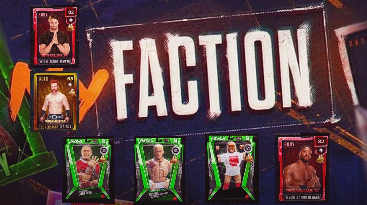 WWE 2K24 MyFACTION graphic with MyFACTION Persona cards of Sheamus, Trick Williams, Seth Rollins, and plastic versions of Cody Rhodes, Hulk Hogan, and John Cena