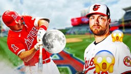 Angels Mike Trout hitting a moon next to Orioles Corbin Burnes