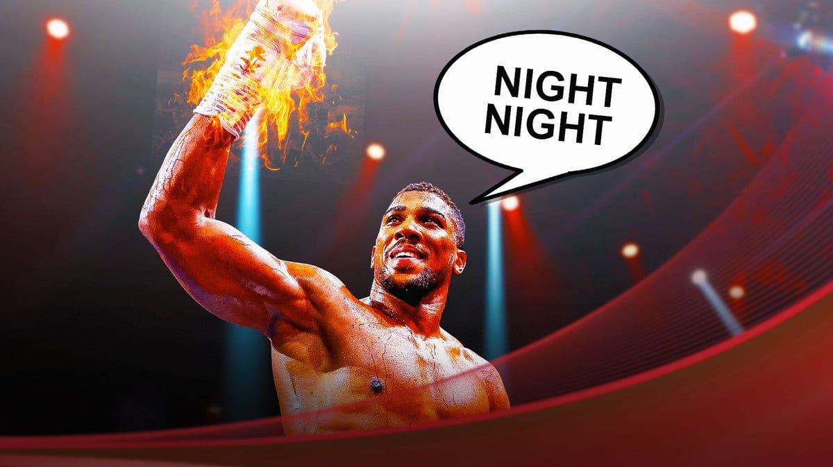 Anthony Joshua with his boxing gloves on fire. Speech balloon that says, Night night