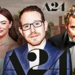 Eddington director Ari Aster with A24 logo, Emma Stone, Joaquin Phoenix, and Western background.