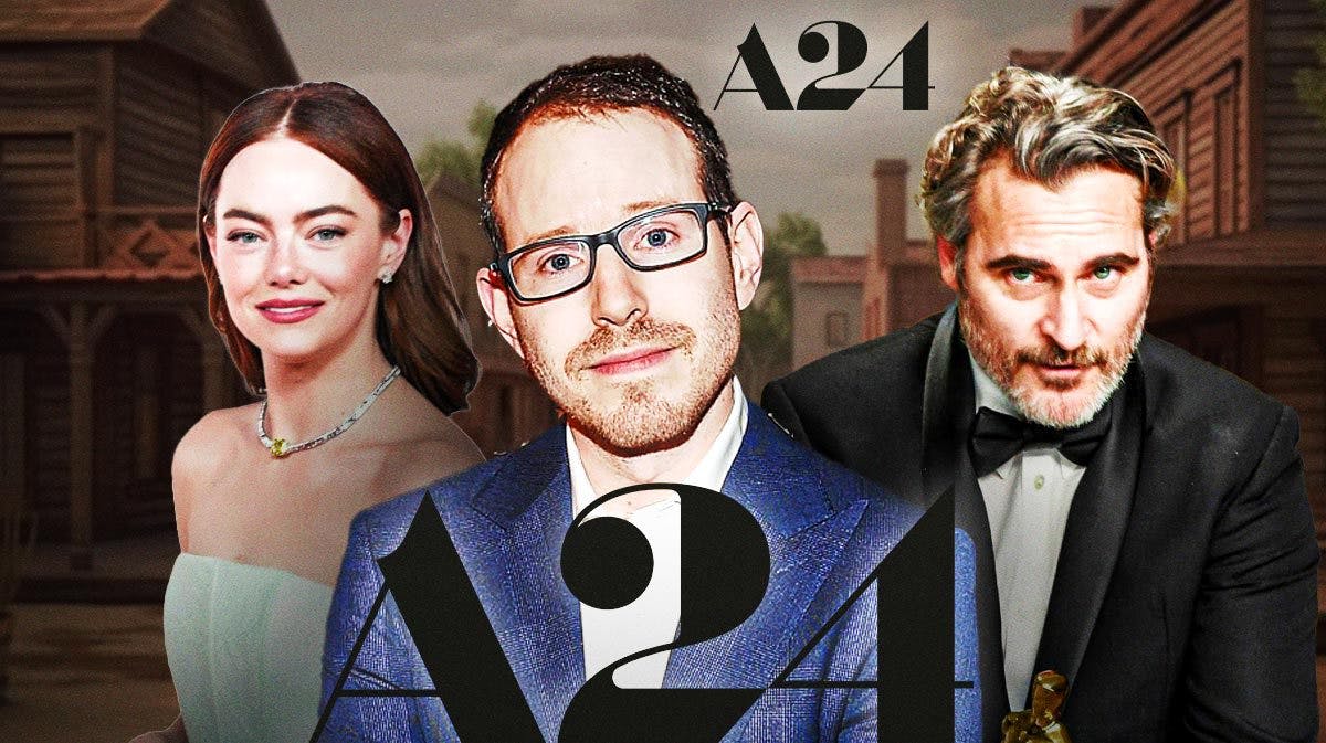 Eddington director Ari Aster with A24 logo, Emma Stone, Joaquin Phoenix, and Western background.