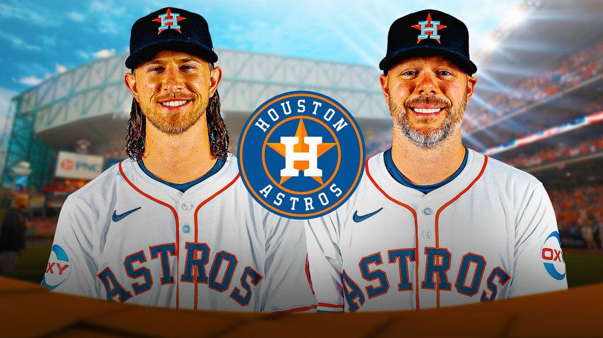 Astros pitchers Josh Hader and Ryan Pressly stand next to each, AL West fans in background