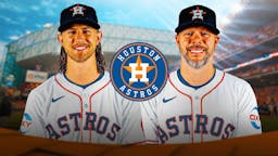 Astros pitchers Josh Hader and Ryan Pressly stand next to each, AL West fans in background