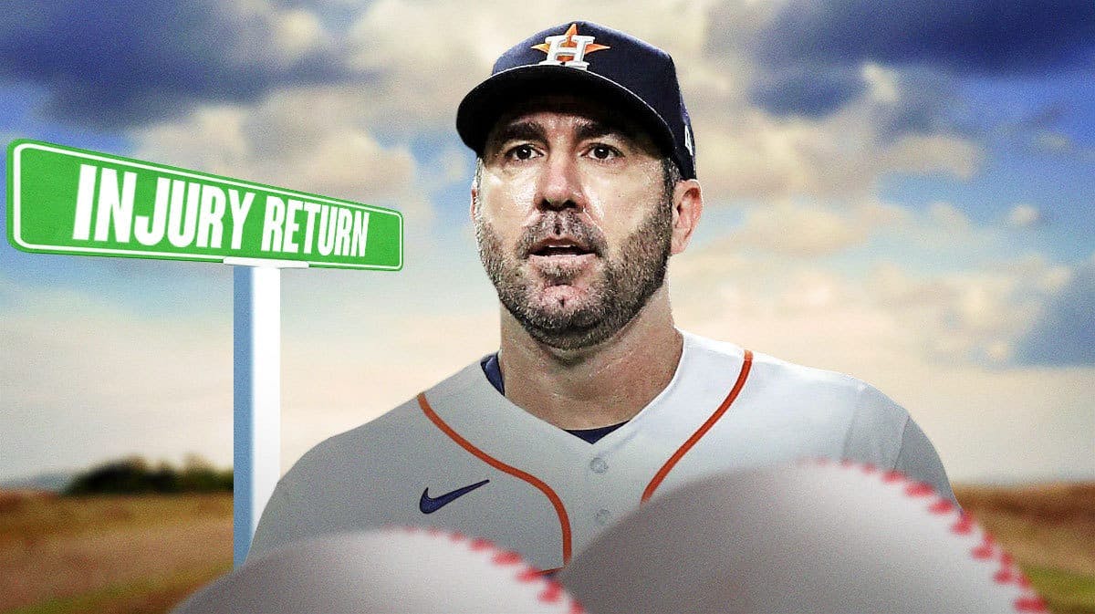 Astros' Justin Verlander walking on a path. On the side of the path, place a sign that reads the following: INJURY RETURN