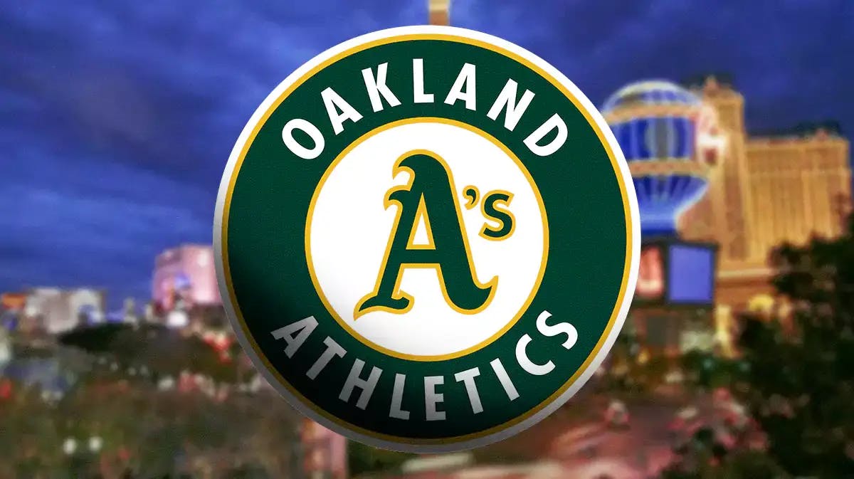 Athletics' logo in front. City of Las Vegas in background.