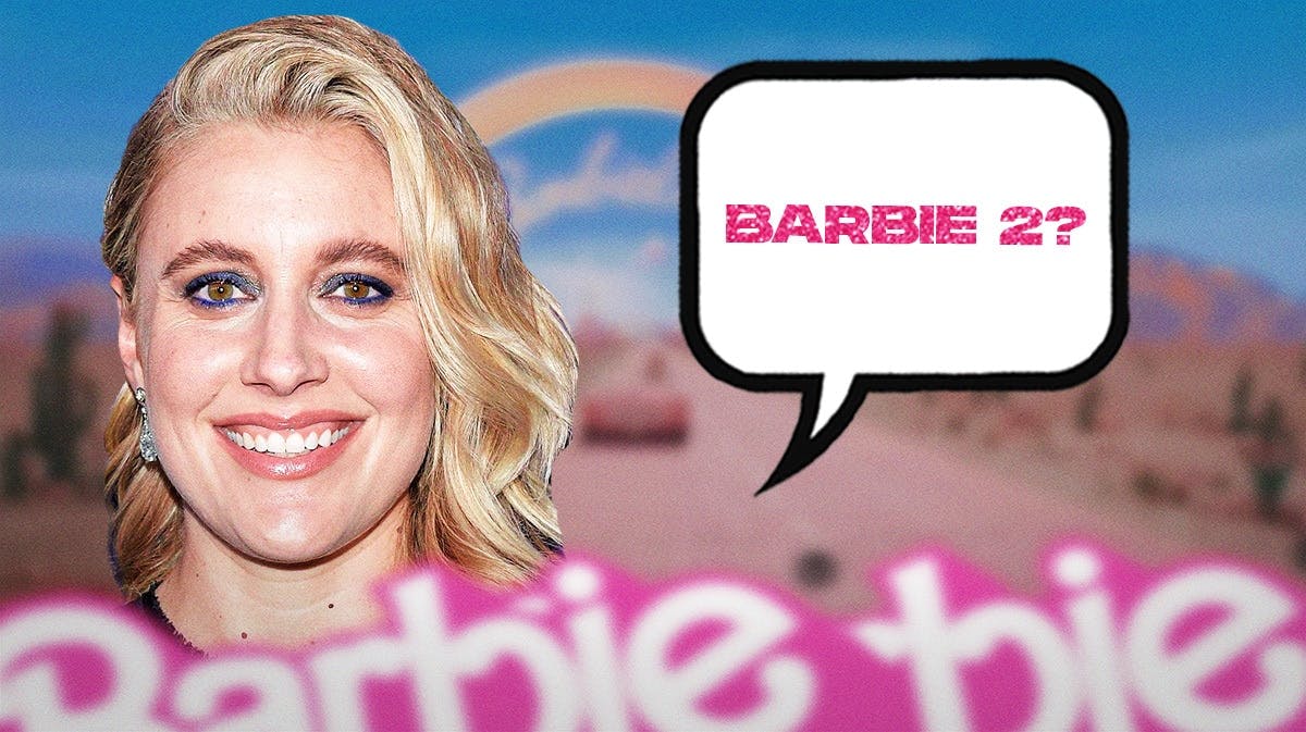 Greta Gerwig amidst Barbie imagery and the speech bubble "Barbie 2?"