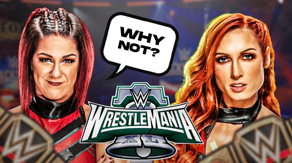Bayley with a text bubble reading “Why not?” next to Becky Lynch with the WrestleMania 40 logo as the background.