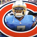 Chargers tight end Gerald Everett stands inside Bears logo amid free agency