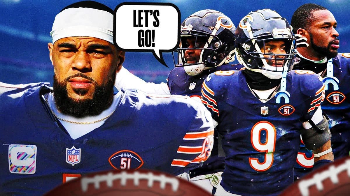 Keenan Allen on one side in a Chicago Bears uniform, Jaylon Johnson, Jaquan Brisker, and Kevin Byard (also in a Chicago Bears uniform) all on the other side with a speech bubble that says “Let’s go!”