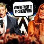 Becky Lynch with a text bubble reading “Very difficult to reconcile with” next to Vince McMahon with the WWE logo as the background.