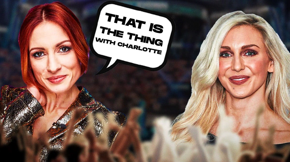 Becky Lynch with a text bubble reading “That is the thing with Charlotte” next to Charlotte Flair with the WWE logo as the background.