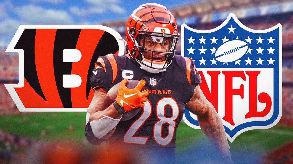 Bengals' running back Joe Mixon stands next to NFL logo amid free agency, Joe Burrow looks from background