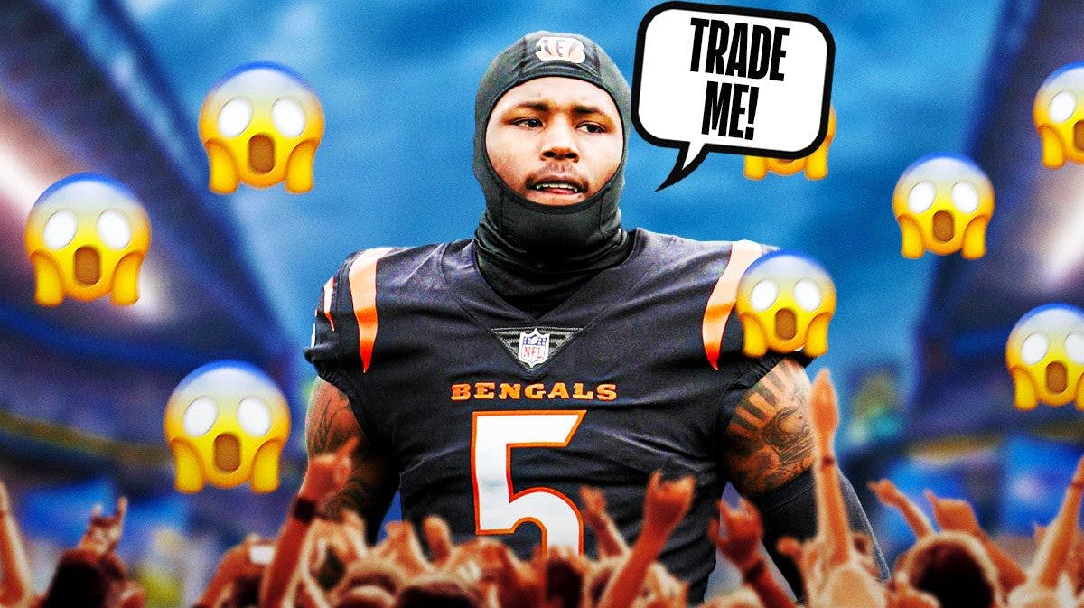 Bengals' Tee Higgins with speech bubble that says 'Trade Me', shocked emojis above him