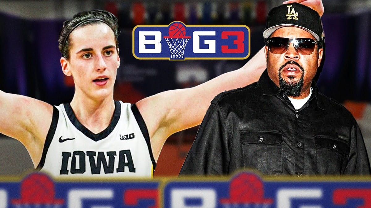Iowa women’s basketball player Caitlin Clark and Rapper Ice Cube, with the Big3 League logo
