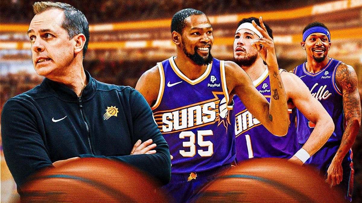 Phoenix Suns' Big 3 of Kevin Durant, Devin Booker and Bradley Beal to right, coach Frank Vogel.