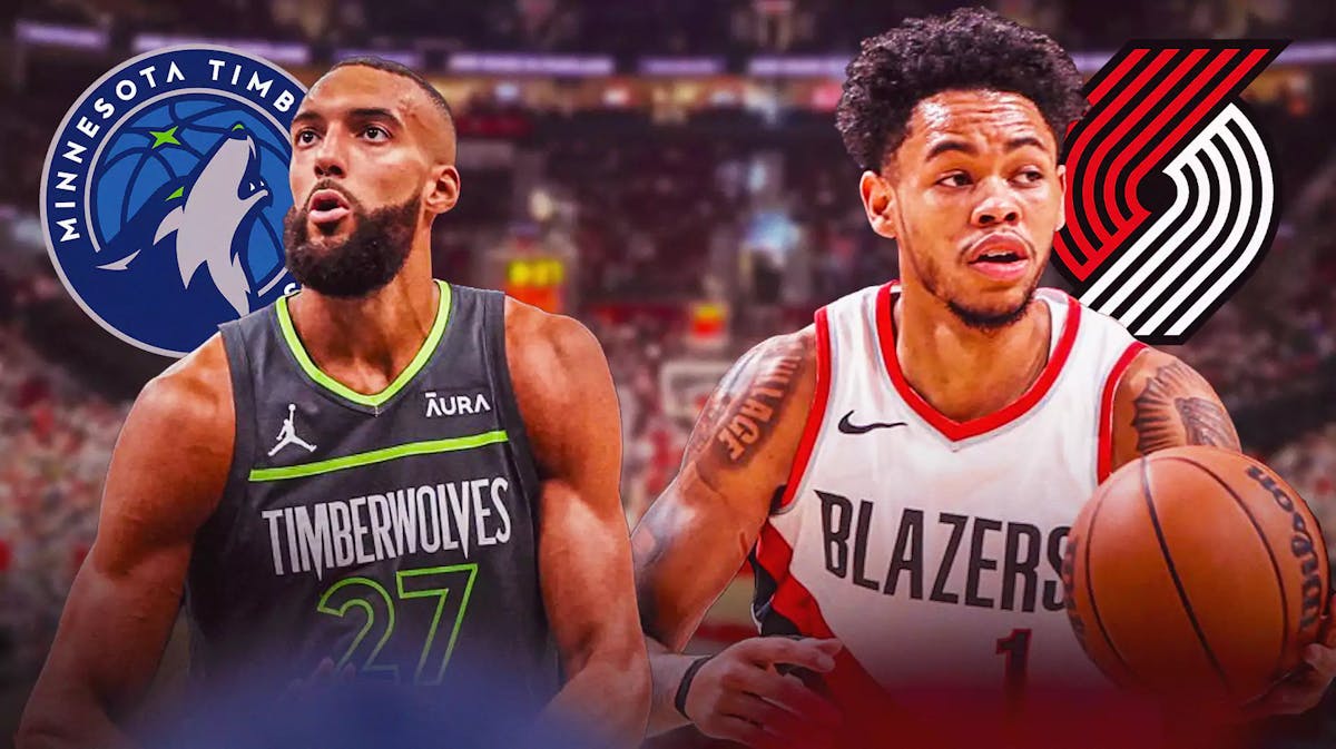 Anfernee Simons opposite Rudy Gobert with both the Blazers and Timberwolves logos in the background