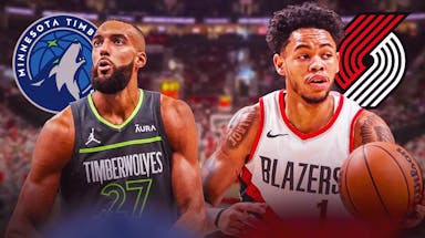 Anfernee Simons opposite Rudy Gobert with both the Blazers and Timberwolves logos in the background