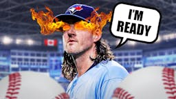 Blue Jays' Kevin Gausman saying the following: I’m ready Place fire in his eyes and the Rogers Centre in background.