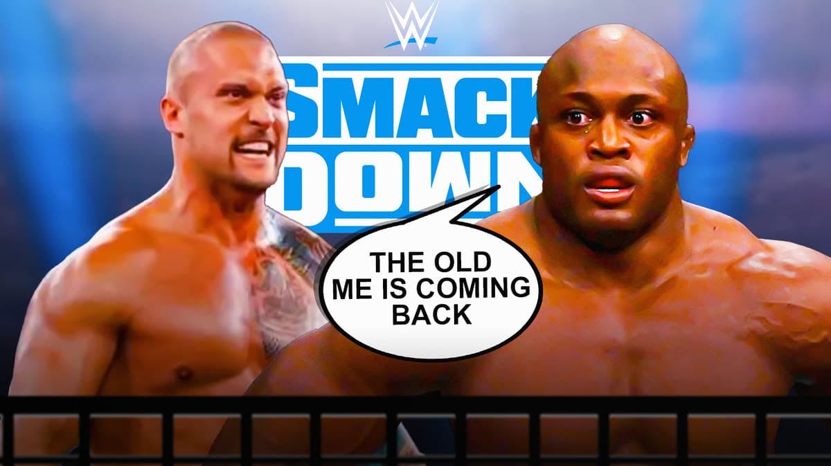 Bobby Lashley with a text bubble reading “The old me is coming back” next to Karrion Kross with the SmackDown logo as the background.