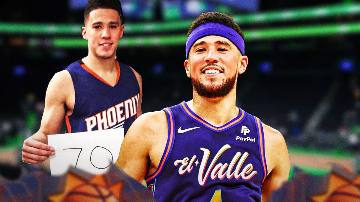 Phoenix Suns guard Devin Booker in the present and 2017, when he had a 70-point game