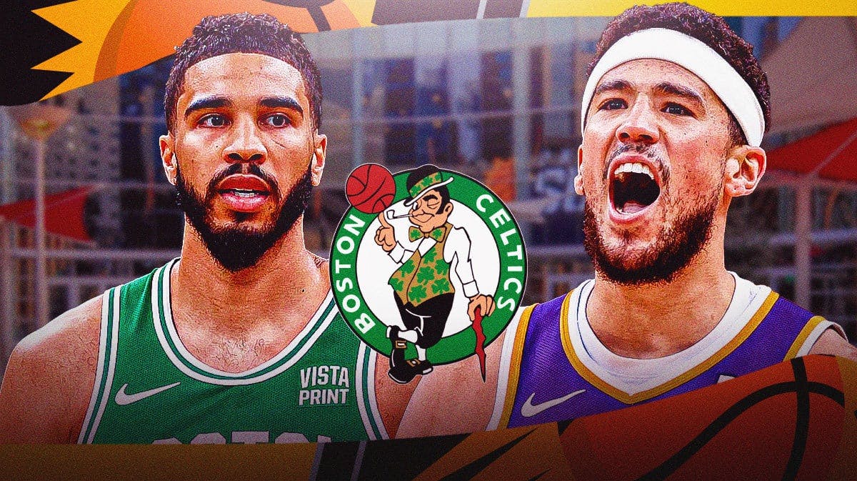 Devin Booker and Jayson Tatum with Celtics logo.