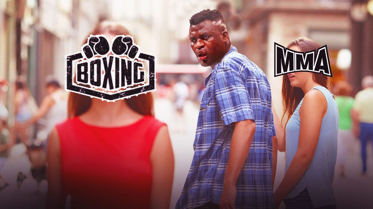 Francis Ngannou in distracted boyfriend meme beside MMA but looking back at boxing