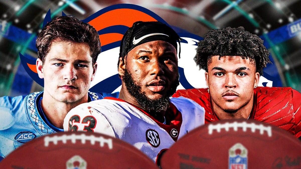 Drake Maye (North Carolina), Sedrick Van Pran-Granger (Georgia), and Isaac Guerendo (Louisville) around a Denver Broncos logo and a 2024 NFL draft background.