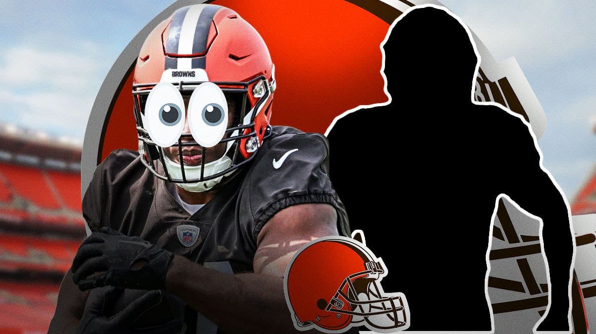 Nick Chubb with emoji eyes looking at a mystery NFL running back in front of a Browns logo at Cleveland Browns Stadium