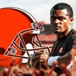 Browns quarterback Deshaun Watson looks at fans after injury update, NFL free agency reporters stand on sidelines