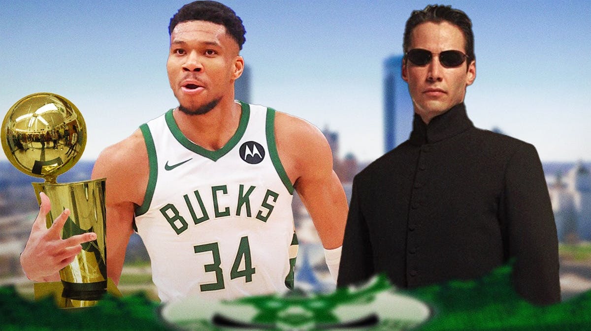 Bucks' Giannis Antetokounmpo on left holding the NBA MVP trophy. Neo from the Matrix on right.