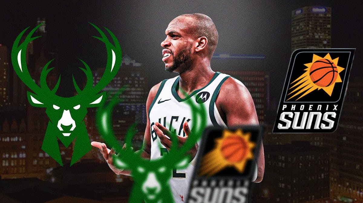 Kris Middleton stands next to Bucks, Suns logos after injury news