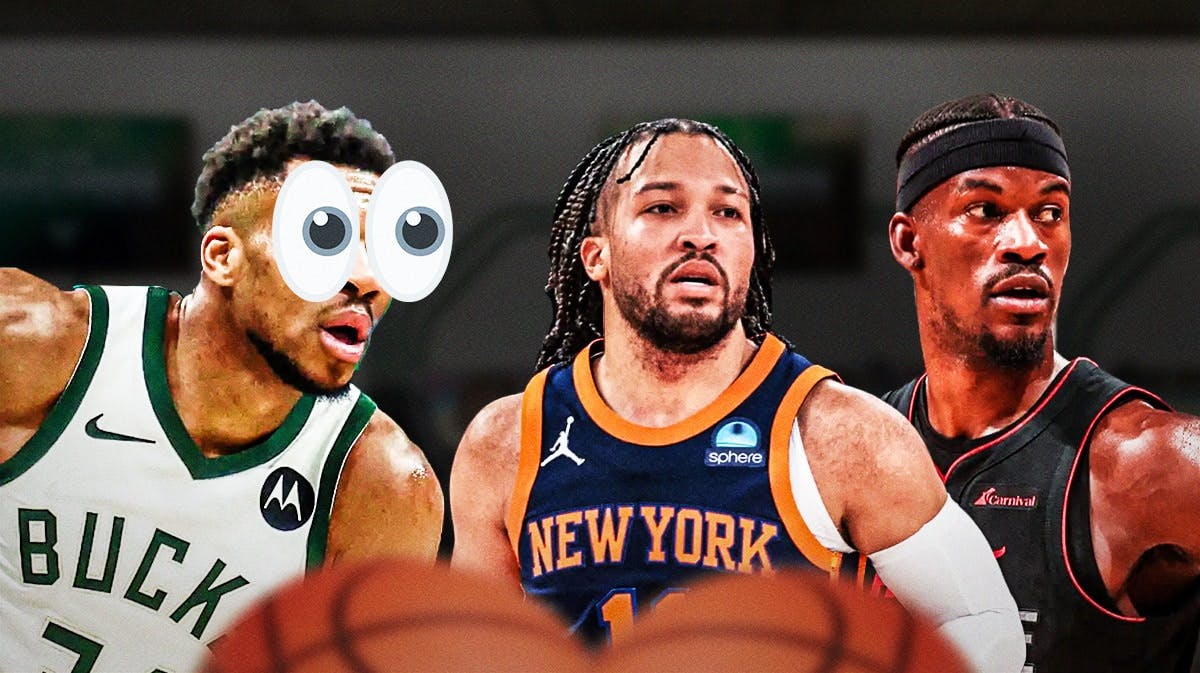 Bucks Giannis Antetokounmpo with emoji eyes looking at the Knicks Jalen Brunson and the Heat’s Jimmy Butler