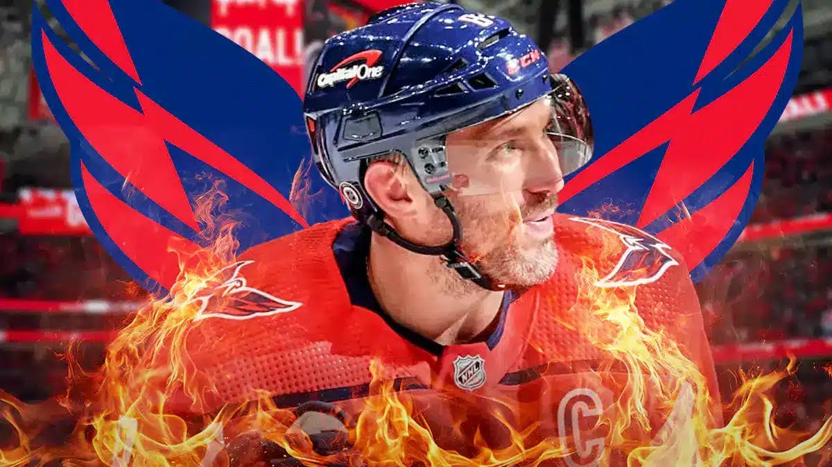 Alex Ovechkin in image looking happy with fire around him, WSH Capitals logo, hockey rink in background