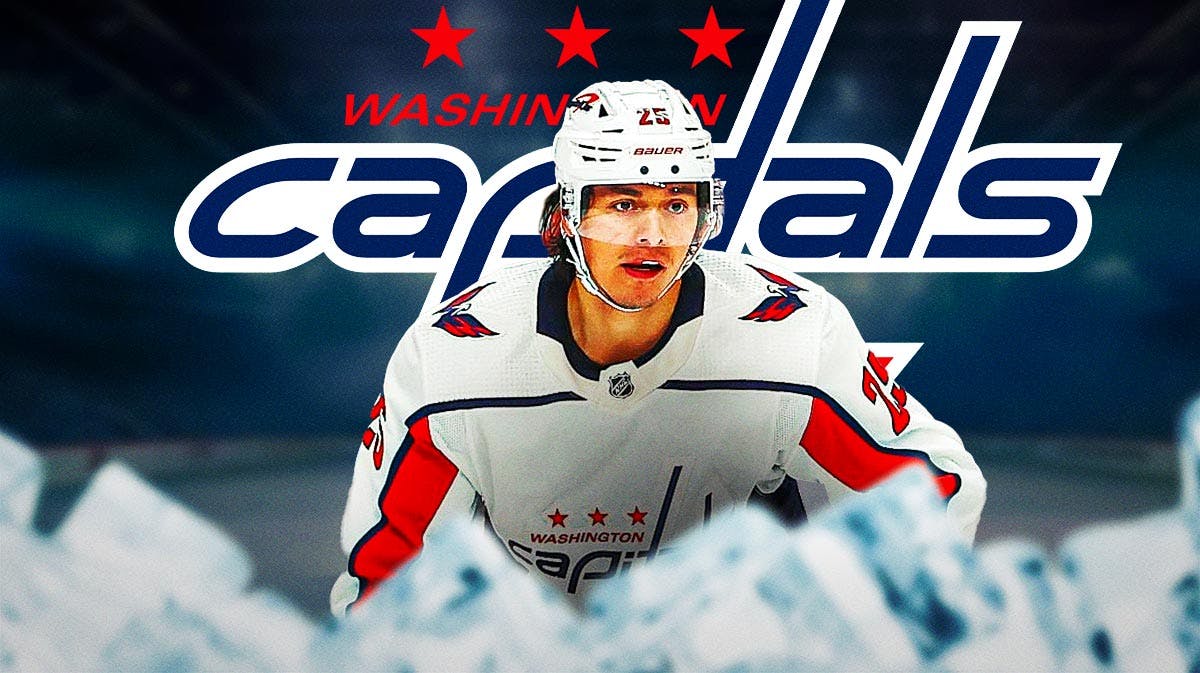 Ethan Bear looking stern, WSH Capitals logo, hockey rink in background