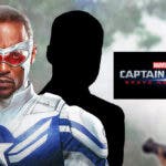 Anthony Mackie as Sam Wilson with Sebastian Stan as Bucky Barnes/Winter Soldier as a silhouette next to MCU Captain America 4 (Brave New World) logo.