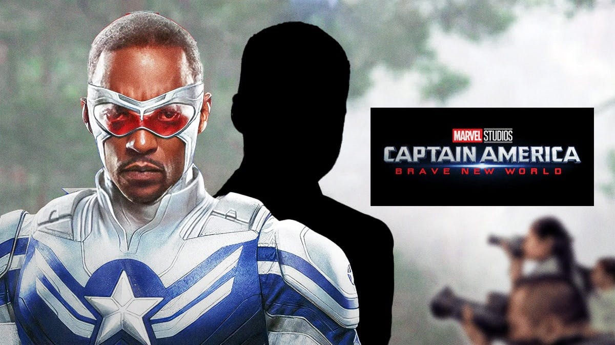 Anthony Mackie as Sam Wilson with Sebastian Stan as Bucky Barnes/Winter Soldier as a silhouette next to MCU Captain America 4 (Brave New World) logo.