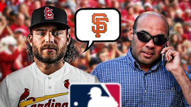 Brandon Crawford in a St. Louis Cardinals uniform on left. Farhan Zaidi on right. Give Crawford a thought bubble. In the bubble, place the San Francisco Giants' logo.
