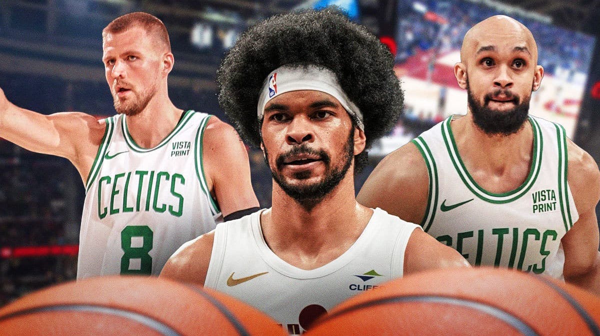 Cavs' Jarrett Allen in the middle shrugging or looking confused or questioning with Celtics Derrick White on one side and Kristaps Porzingis on the other.