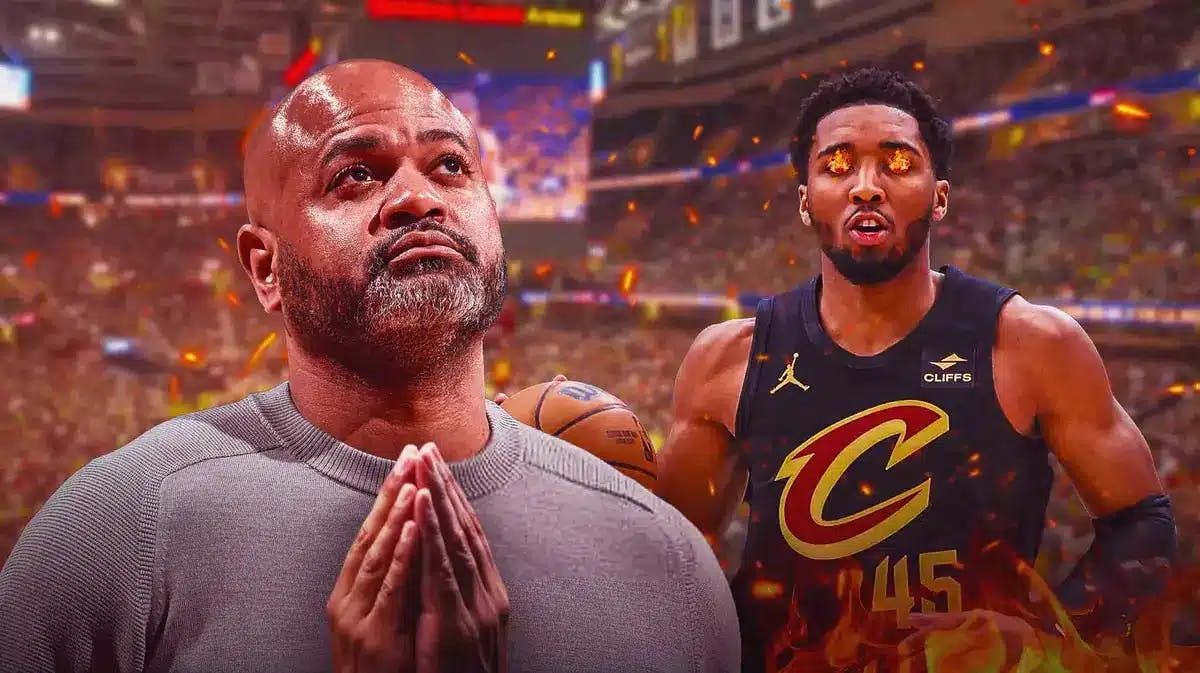 Cavs coach JB Bickerstaff praying. Donovan Mitchell with fire in his eyes