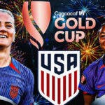 Lindsey Horan, Jaedyn Shaw celebrating in front of the USWNT and W Gold Cup logos, fireworks in the air