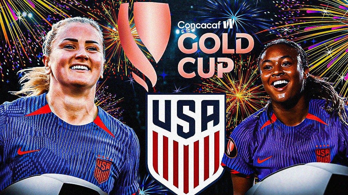 Lindsey Horan, Jaedyn Shaw celebrating in front of the USWNT and W Gold Cup logos, fireworks in the air