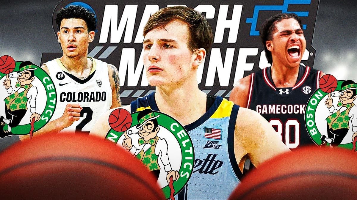 Tyler Kolek, KJ simpson, and Collin Murray-Boyles on a march madness background with the celtics logo in the background somewhere.