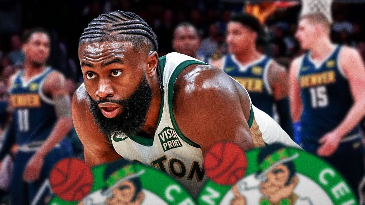 Jaylen Brown, tired hands on his knees with the Denver Nuggets starting 5 smiling in the background.