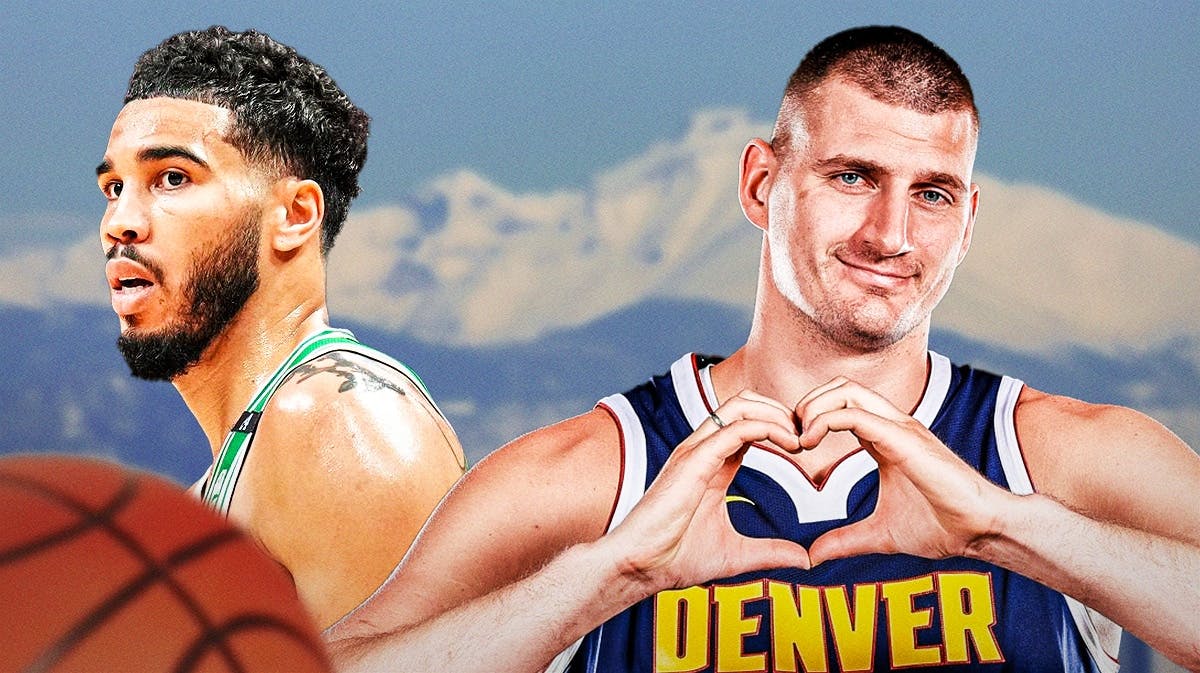Celtics' Jayson Tatum looking disappointed on a Denver city/mountains background next to a happy/smiling former MVP Nuggets center Nikola Jokic