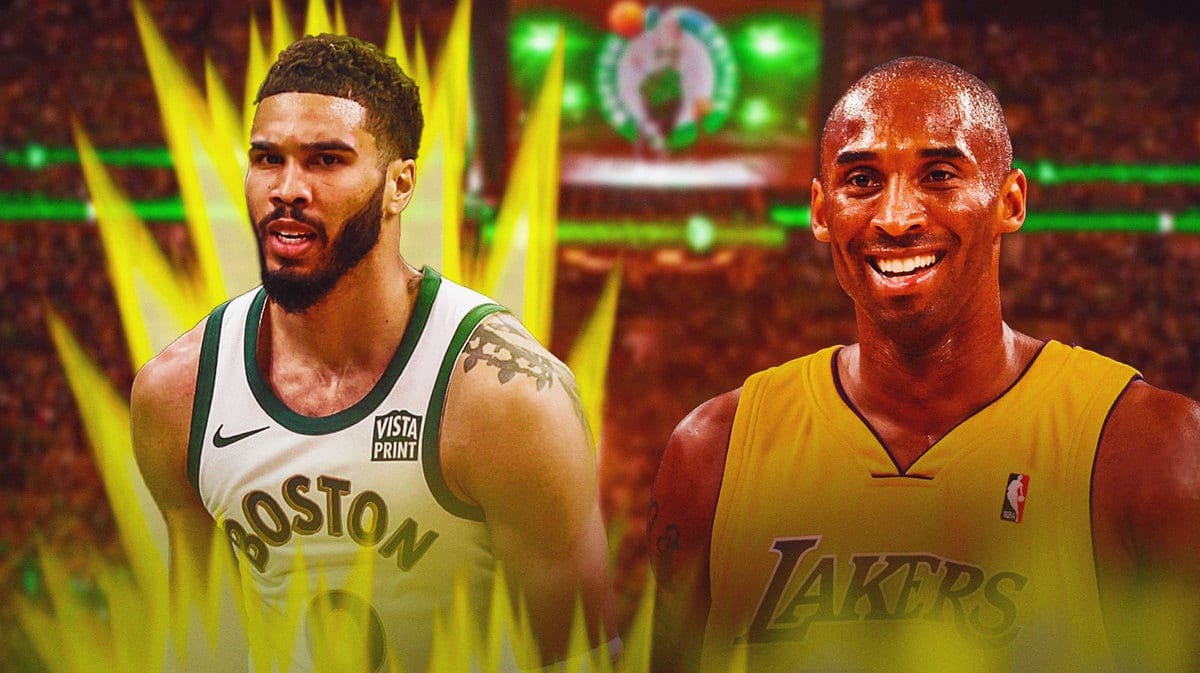 Jayson Tatum (Celtics) with supersaiyan glow and Kobe Bryant (Lakers) in the background looking proud