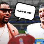 Khalil Mack on one side with a speech bubble that says “Let’s go!” Joey Bosa on the other side