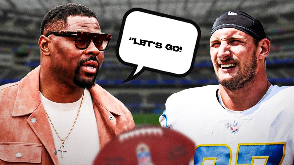 Khalil Mack on one side with a speech bubble that says “Let’s go!” Joey Bosa on the other side