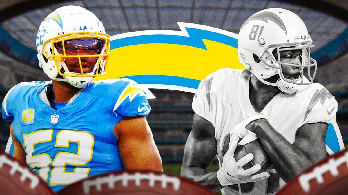 Chargers Khalil Mack next to Mike Williams in black and white in front of a Chargers logo
