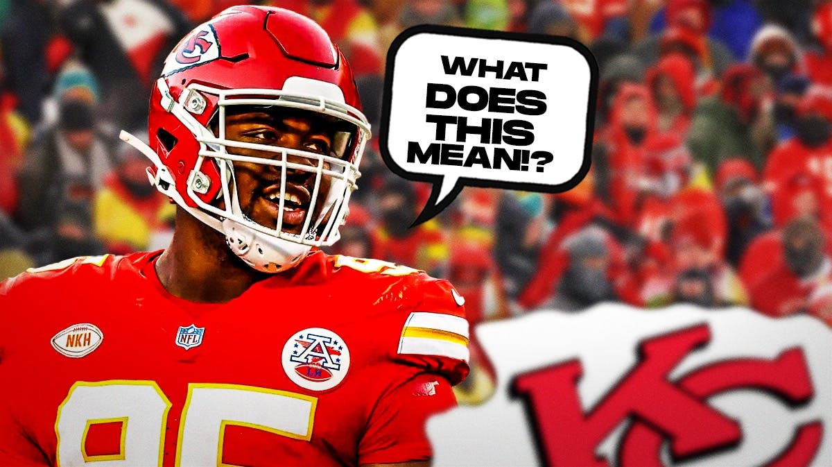 Chris Jones on one side, a bunch of Kansas City Chiefs fans on the other side with a speech bubble that says “What does this mean!?”